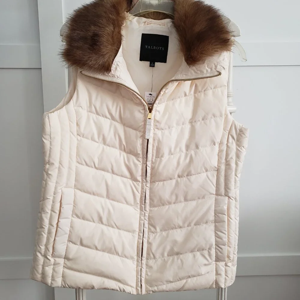 BNWT TALBOTS Faux Fur Collar Down Puffer Vest in ivory earthy camel collar (M) - Picture 1 of 11
